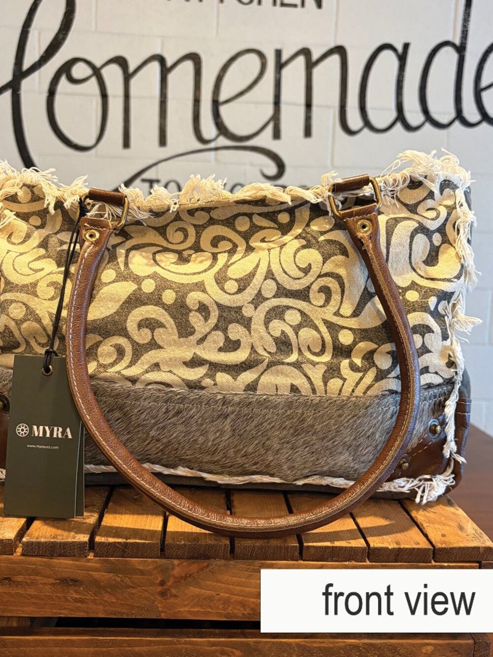 Myra Leaf Print Canvas Leather Tote Bag, Frayed Boho Shoulder Purse